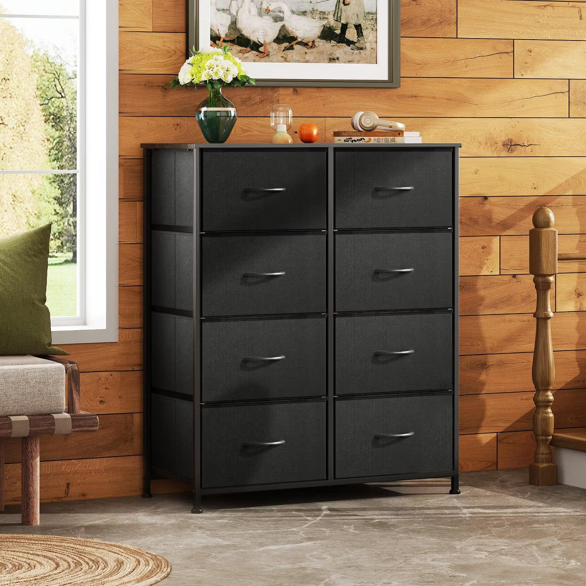 Fabric Dresser - Tall 8-Drawer Fabric Dresser, Storage Tower with Fabric Bins, Double Chest of Drawers Organizer, Charcoal Black