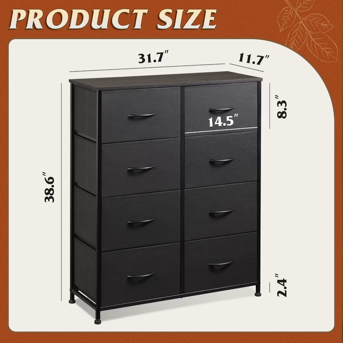Fabric Dresser - Tall 8-Drawer Fabric Dresser, Storage Tower with Fabric Bins, Double Chest of Drawers Organizer, Charcoal Black
