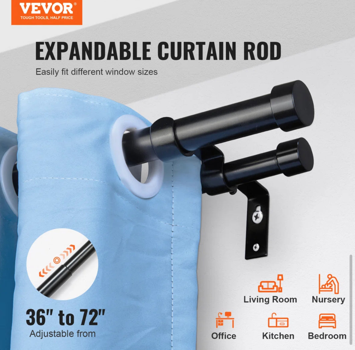 Curtain Rod - Steel Adjustable Double Curtain Rod 36”-72” - WF9.25.25