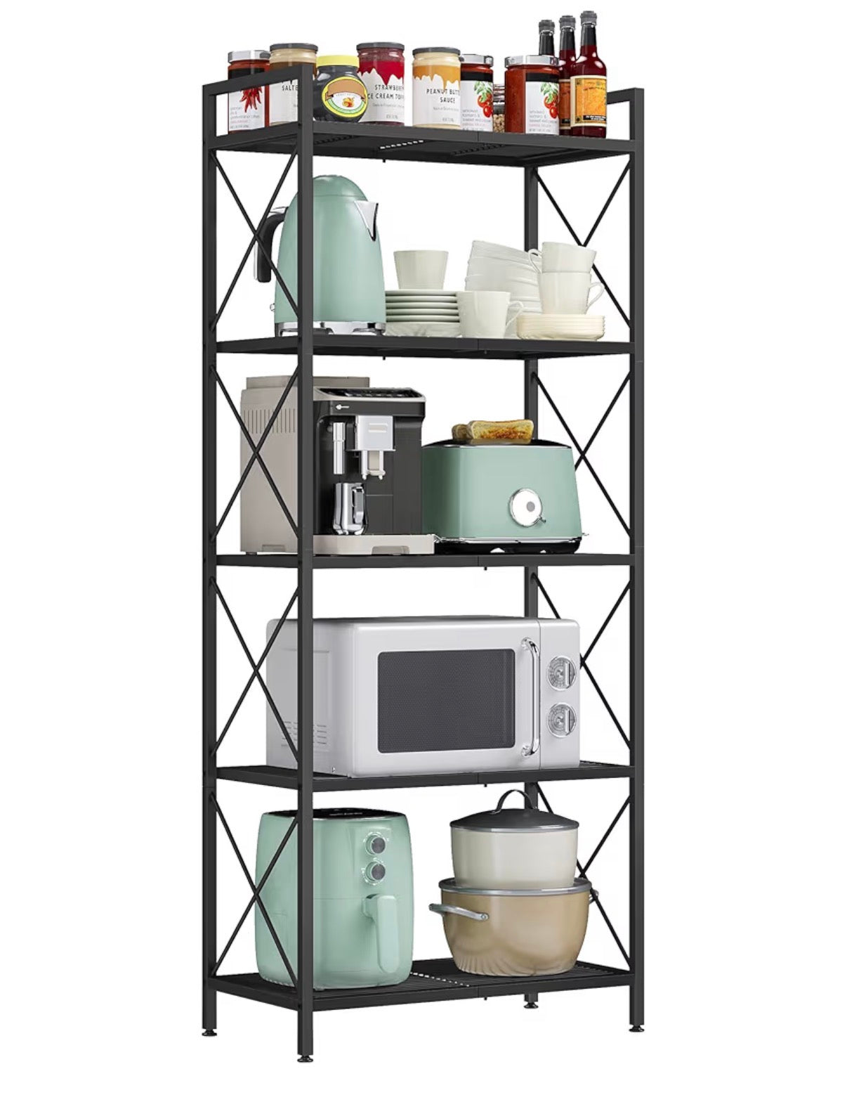 Organization - 5-Tier Metal Storage Rack, Shelving Unit with X Side Frames, Dense Mesh, 12.6 x 23.6 x 57.3 Inche