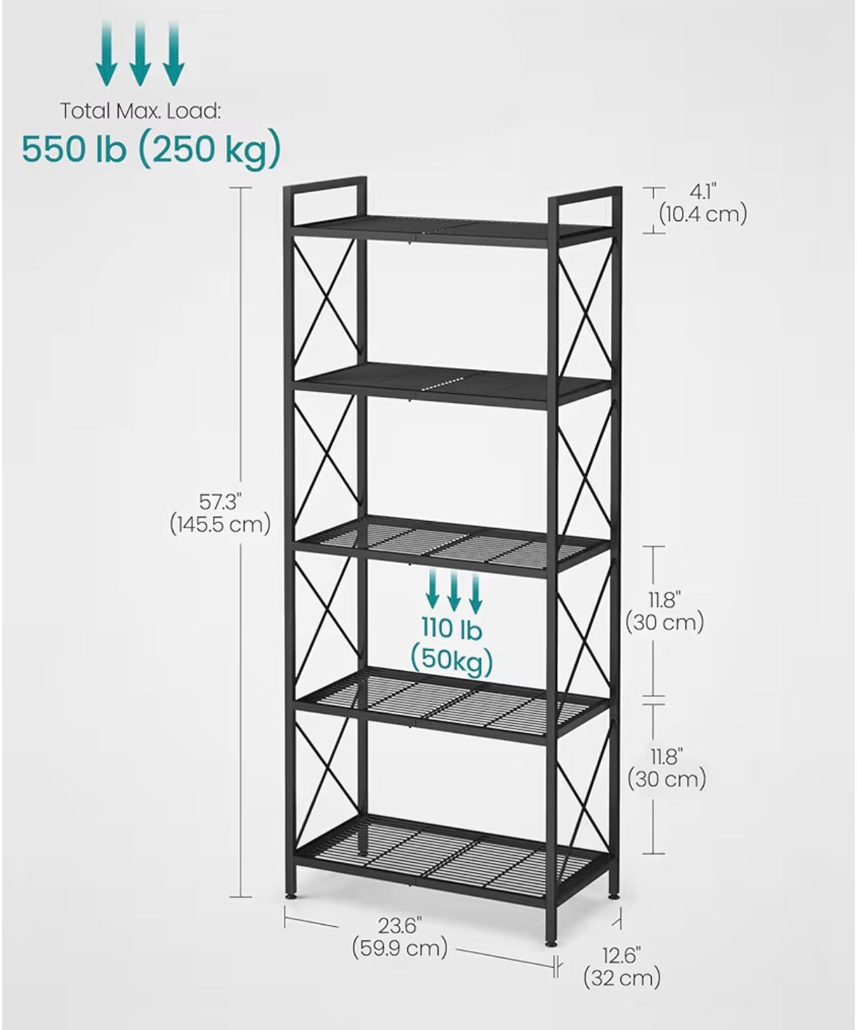 Organization - 5-Tier Metal Storage Rack, Shelving Unit with X Side Frames, Dense Mesh, 12.6 x 23.6 x 57.3 Inche