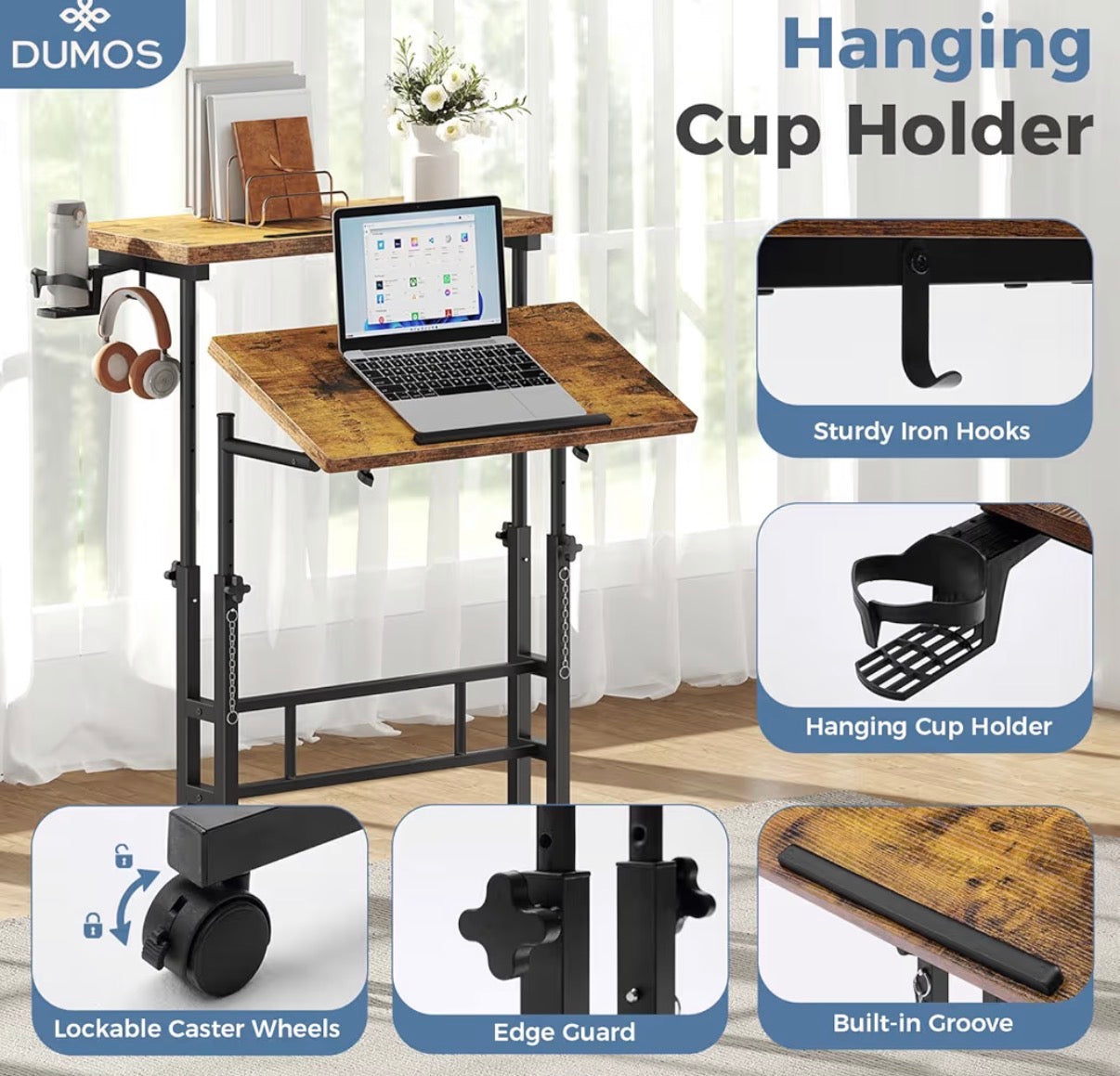 Desk - Split Top Rolling Standing Desk, 23.6 Inch Mobile Laptop Computer Desk