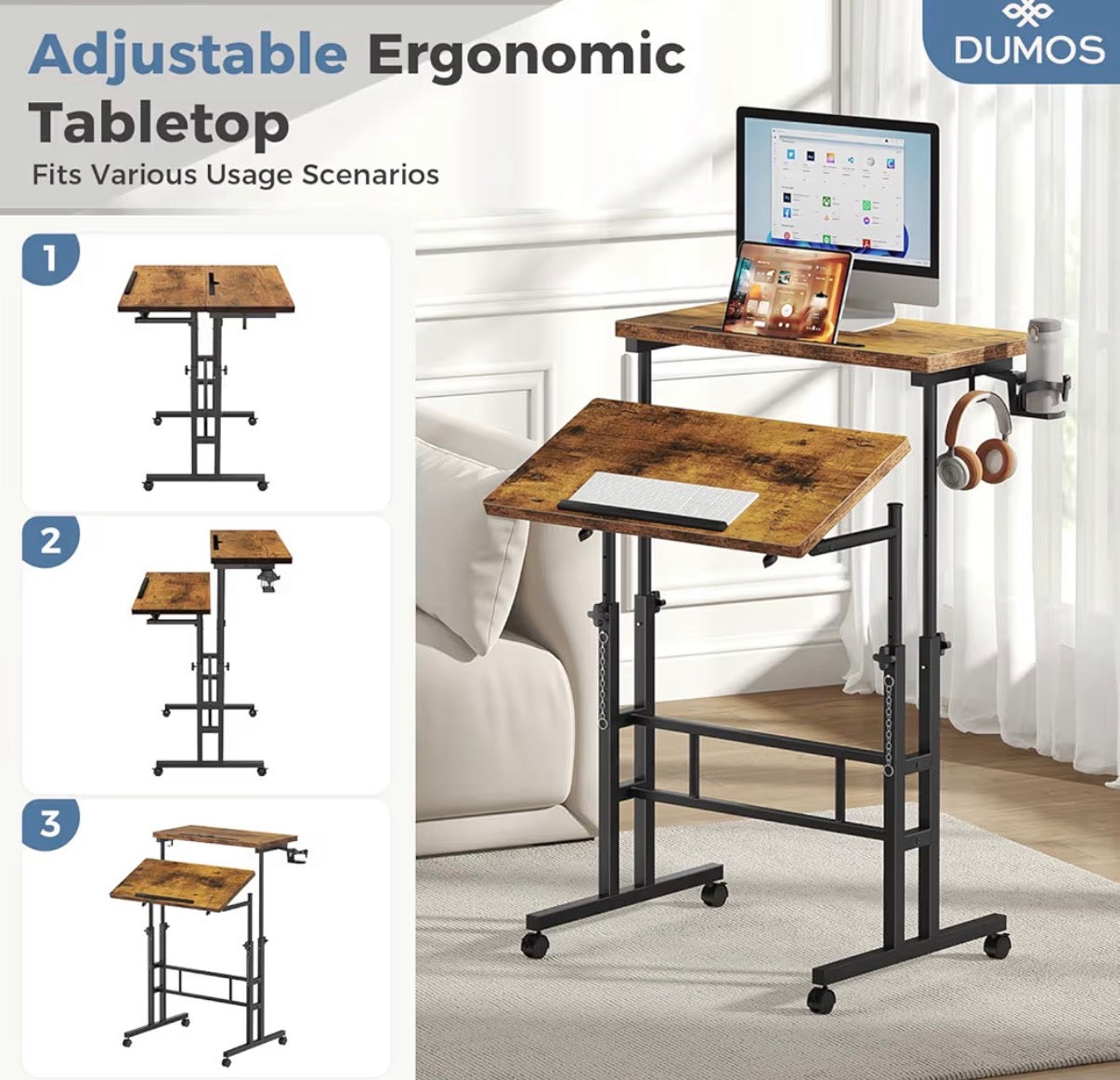 Desk - Split Top Rolling Standing Desk, 23.6 Inch Mobile Laptop Computer Desk