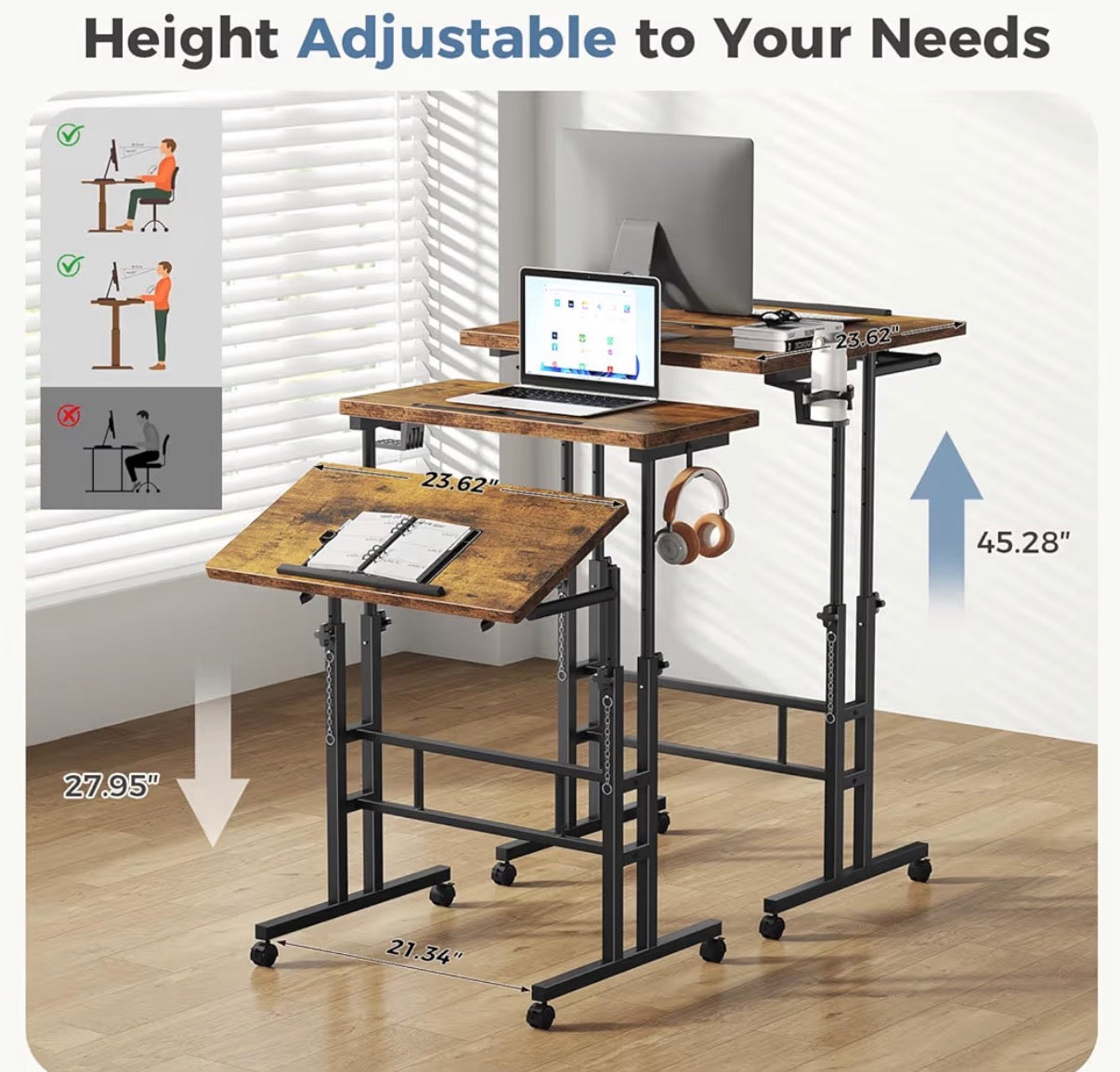 Desk - Split Top Rolling Standing Desk, 23.6 Inch Mobile Laptop Computer Desk