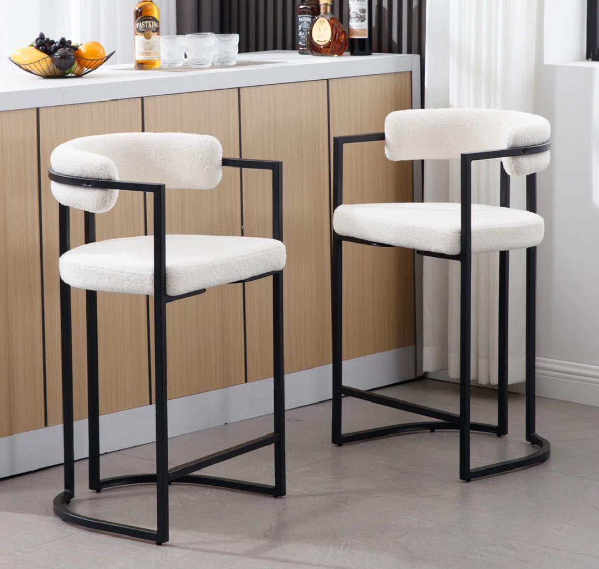 Barstool Set of 3 - 26" Modern Upholstered Cream Boucle and Black Metal - WF9.25.25