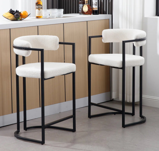 Barstool Set of 3 - 26" Modern Upholstered Cream Boucle and Black Metal - WF9.25.25