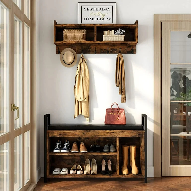 Hall Tree - Marshallville Rustic with Shoe Storage and Coat Hooks - WF9.25.25