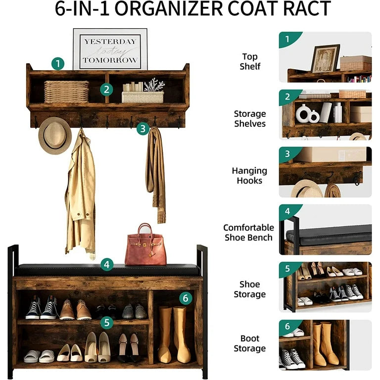 Hall Tree - Marshallville Rustic with Shoe Storage and Coat Hooks - WF9.25.25