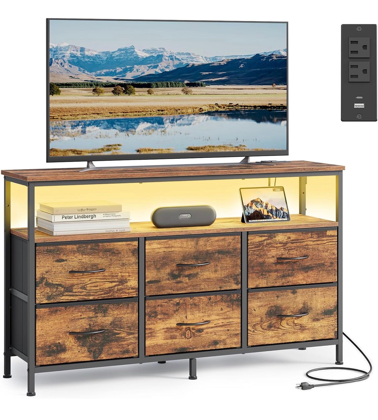 Fabric Dresser - BELLAH Collection - Dresser for Bedroom, Chest of Drawers, TV Stand for TVs Up to 55 Inches, Living Room, Closet, 6 Drawers and 1 Shelf, Industrial, Rustic Brown and Ink Black
