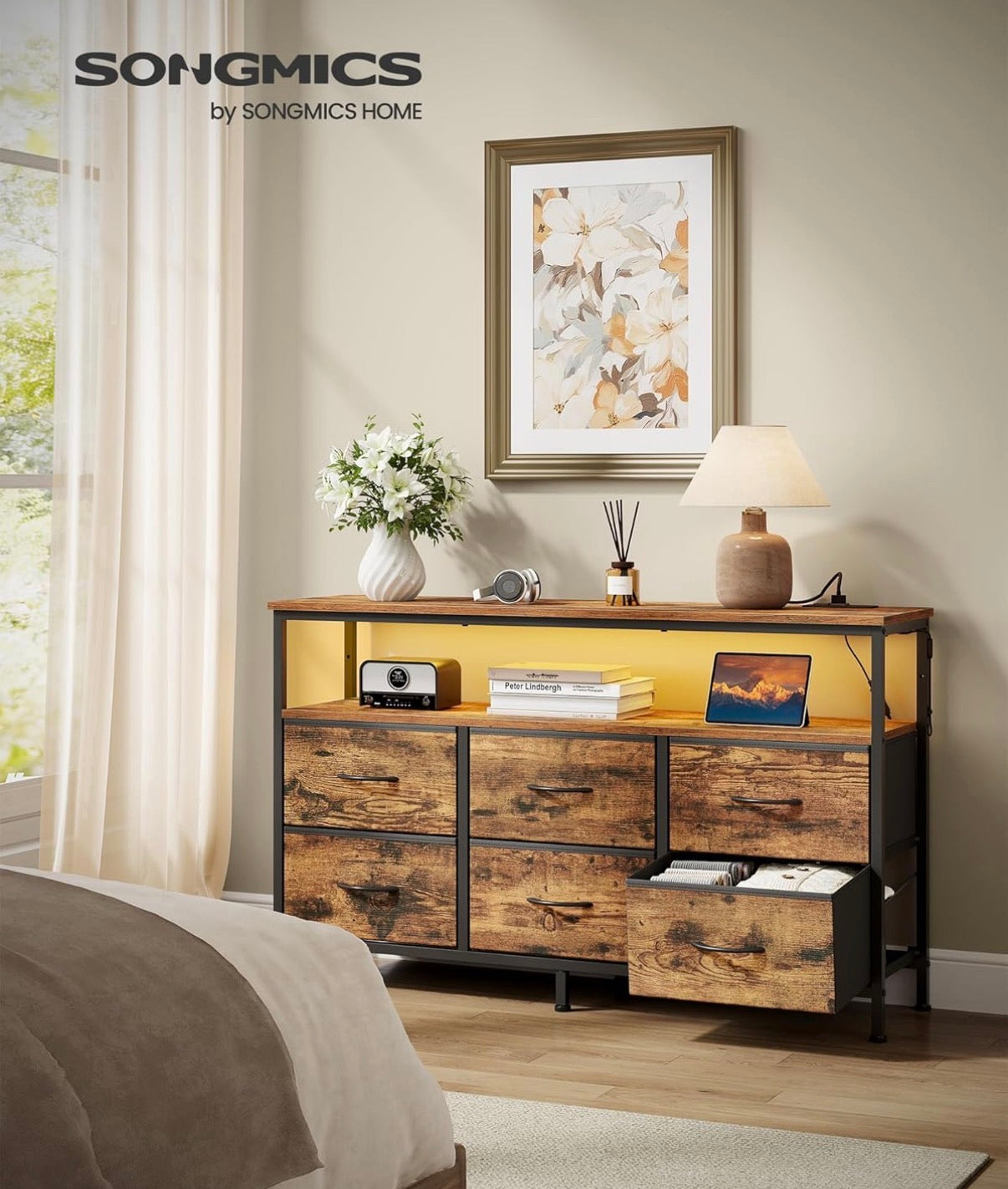 Fabric Dresser - BELLAH Collection - Dresser for Bedroom, Chest of Drawers, TV Stand for TVs Up to 55 Inches, Living Room, Closet, 6 Drawers and 1 Shelf, Industrial, Rustic Brown and Ink Black