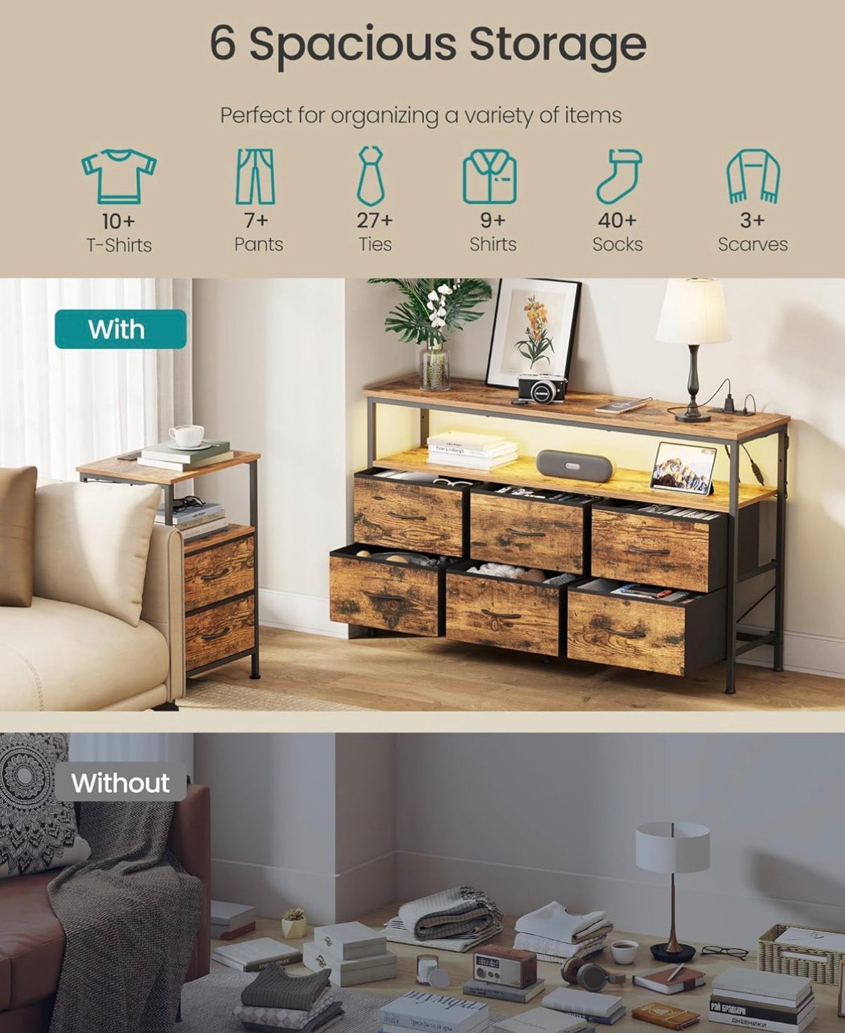 Fabric Dresser - BELLAH Collection - Dresser for Bedroom, Chest of Drawers, TV Stand for TVs Up to 55 Inches, Living Room, Closet, 6 Drawers and 1 Shelf, Industrial, Rustic Brown and Ink Black