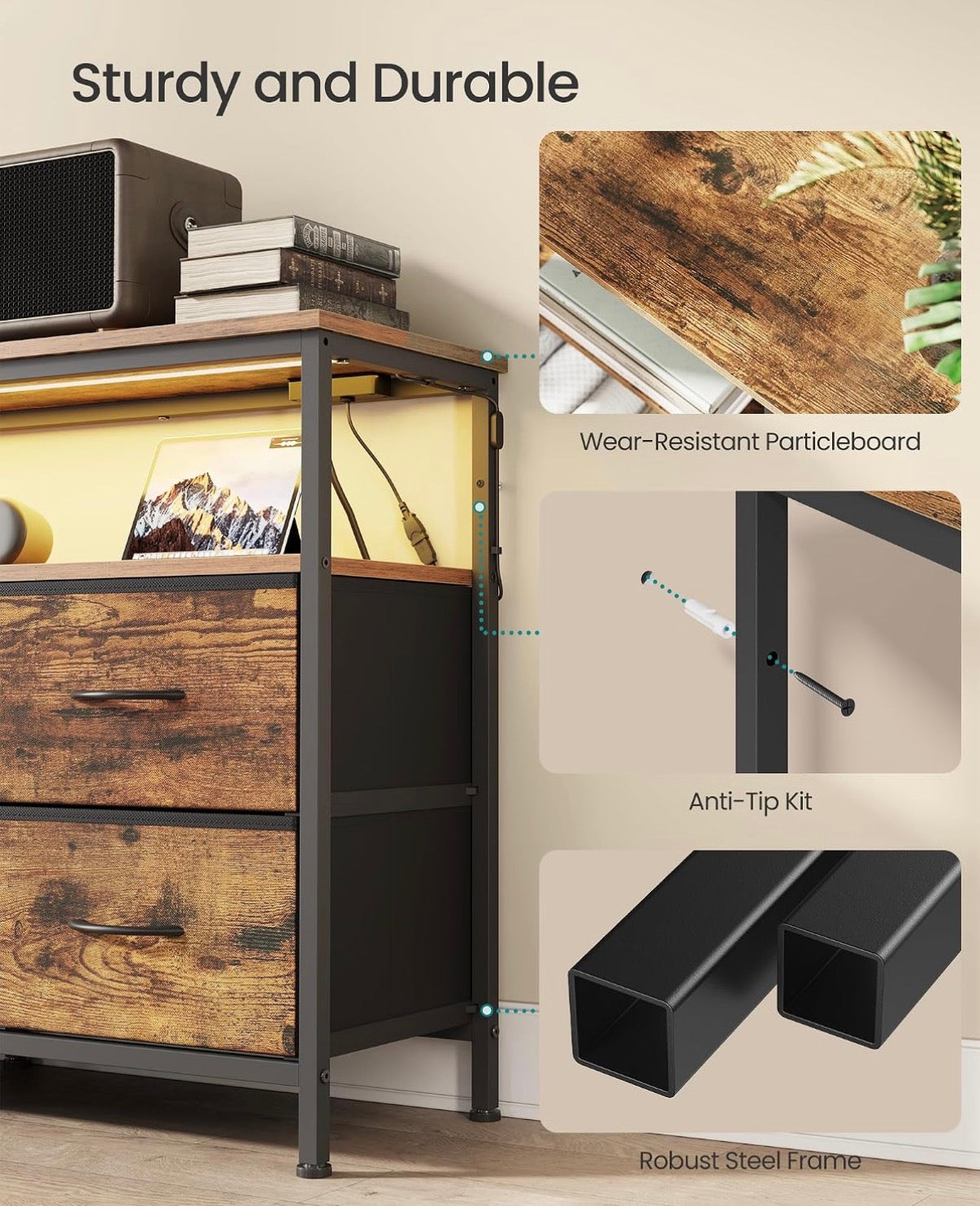 Fabric Dresser - BELLAH Collection - Dresser for Bedroom, Chest of Drawers, TV Stand for TVs Up to 55 Inches, Living Room, Closet, 6 Drawers and 1 Shelf, Industrial, Rustic Brown and Ink Black