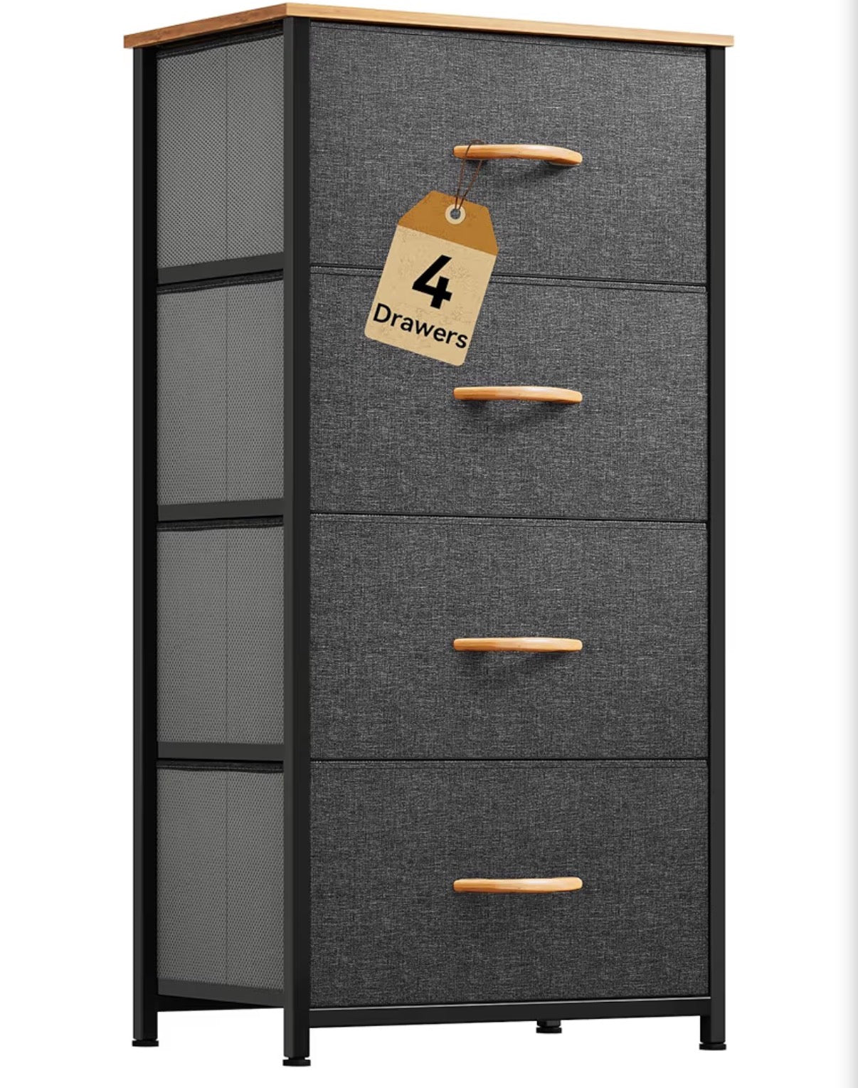 Fabric Dresser - 4 Drawers Dresser, Small Dresser for Bedroom, Fabric Storage Tower, Chest of Drawers, Organizer Unit for Closets, Living Room, Sturdy Steel Frame, Wooden Top, Easy Pull Handle