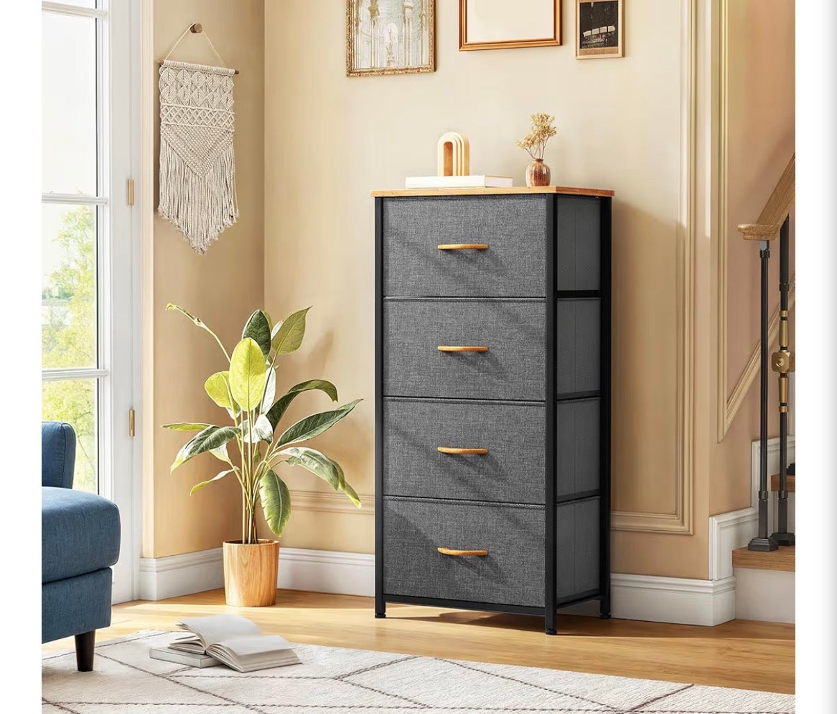 Fabric Dresser - 4 Drawers Dresser, Small Dresser for Bedroom, Fabric Storage Tower, Chest of Drawers, Organizer Unit for Closets, Living Room, Sturdy Steel Frame, Wooden Top, Easy Pull Handle