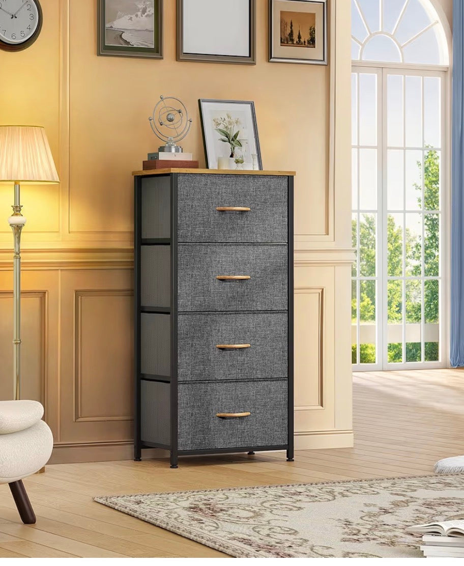 Fabric Dresser - 4 Drawers Dresser, Small Dresser for Bedroom, Fabric Storage Tower, Chest of Drawers, Organizer Unit for Closets, Living Room, Sturdy Steel Frame, Wooden Top, Easy Pull Handle
