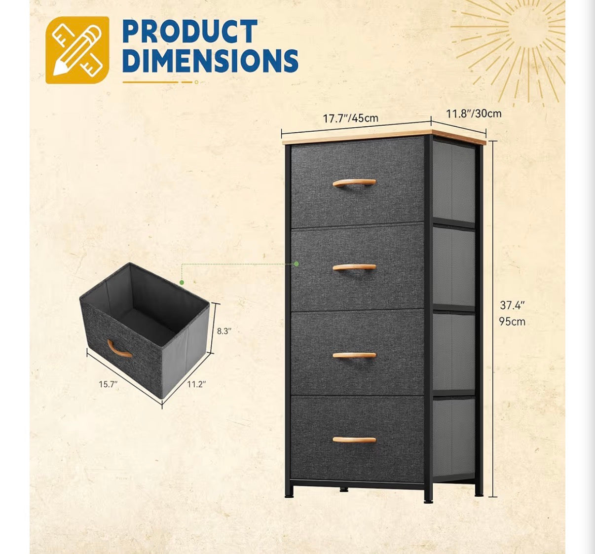Fabric Dresser - 4 Drawers Dresser, Small Dresser for Bedroom, Fabric Storage Tower, Chest of Drawers, Organizer Unit for Closets, Living Room, Sturdy Steel Frame, Wooden Top, Easy Pull Handle