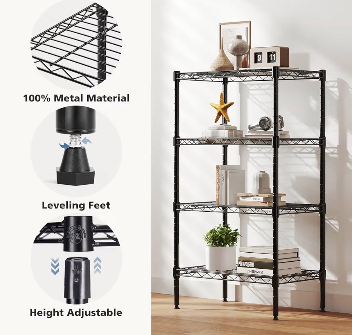 Organization - 4-Tier Metal Wire Storage Shelves, Adjustable Standing Storage Rack Shelf, Heavy Duty Steel Shelving Unit Organizers for Kitchen Bathroom Pantry Garage, 23.3" Wx13.4 Dx47 H, Black