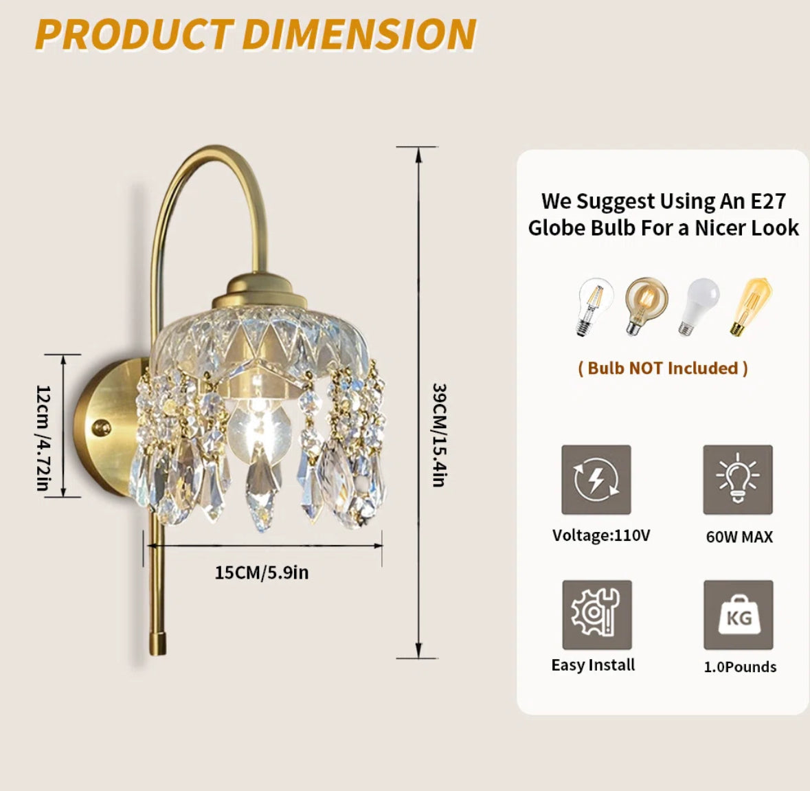 Wall Sconce Set of 2 - Vintage Wall Light, Glass Crystal - WF9.25.25