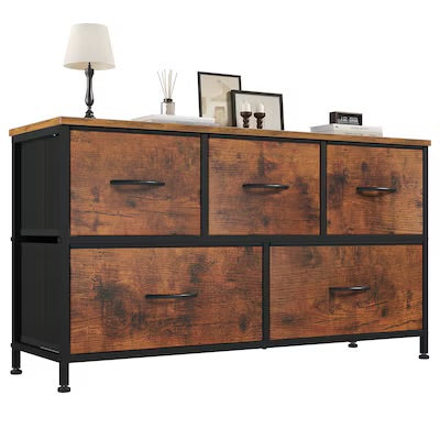 Fabric Dresser - Rustic Brown 5-Drawer Dresser Storage Organizer TV Stand with Metal Frame
