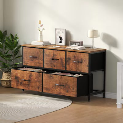 Fabric Dresser - Rustic Brown 5-Drawer Dresser Storage Organizer TV Stand with Metal Frame