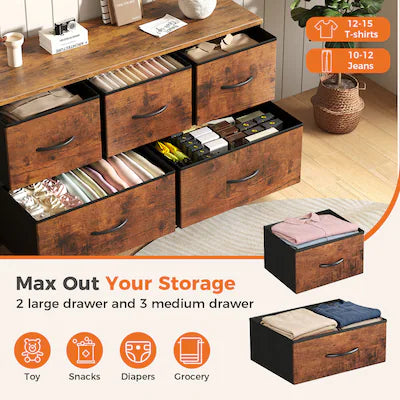 Fabric Dresser - Rustic Brown 5-Drawer Dresser Storage Organizer TV Stand with Metal Frame