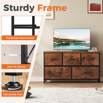 Fabric Dresser - Rustic Brown 5-Drawer Dresser Storage Organizer TV Stand with Metal Frame