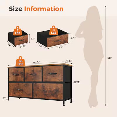 Fabric Dresser - Rustic Brown 5-Drawer Dresser Storage Organizer TV Stand with Metal Frame