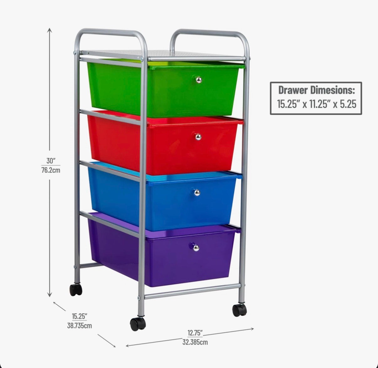 Organization - Mind Reader Rolling Cart with Drawers, 12.75"L x 15.25"W x 30"H (some damage see all photos)