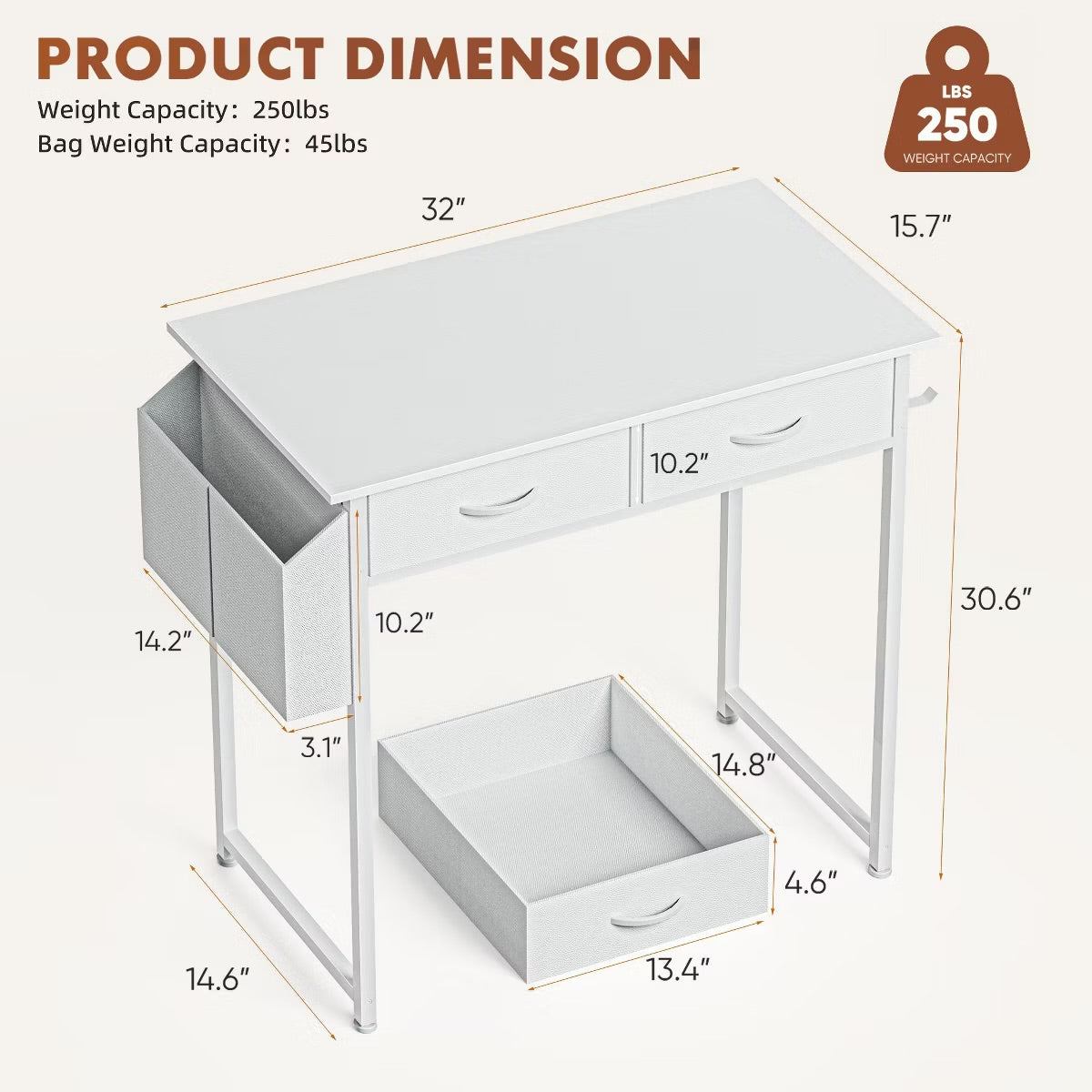 Desk - 32 Inch Writing Desk Small Space Desk Study Table - White