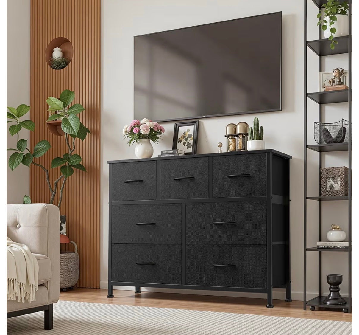 Fabric Dresser - 7 Drawer Storage Tower Black