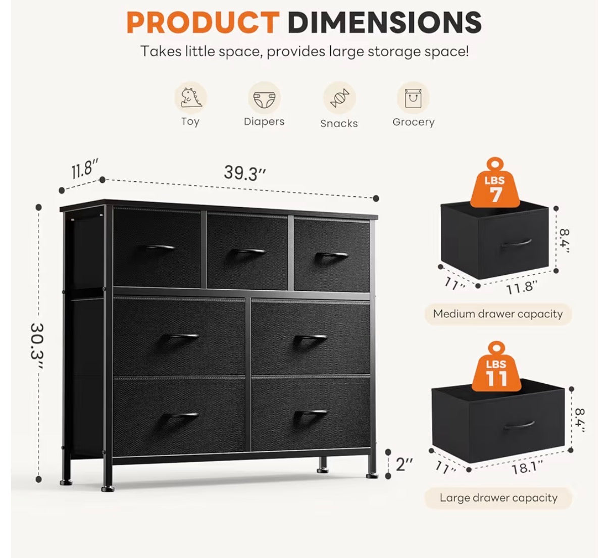 Fabric Dresser - 7 Drawer Storage Tower Black