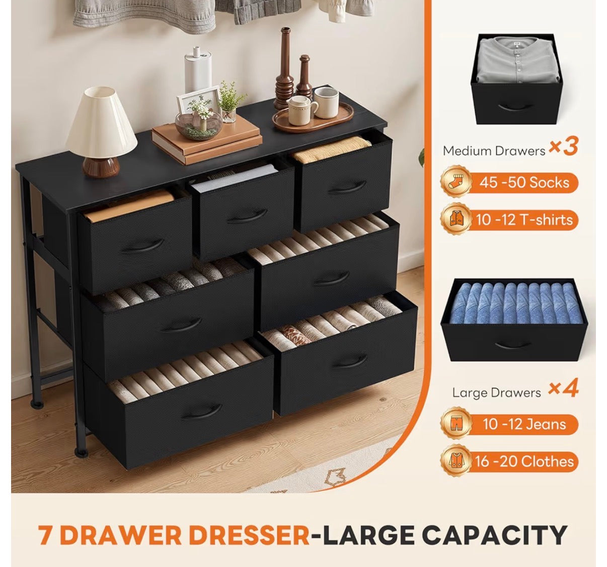 Fabric Dresser - 7 Drawer Storage Tower Black