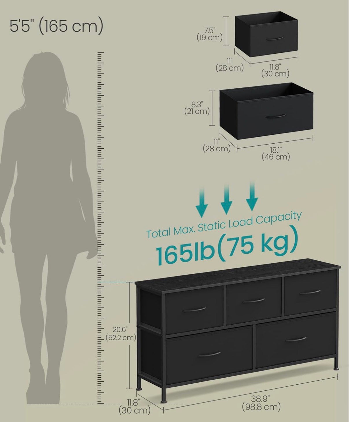 Fabric Dresser - 5 Drawer Songmics Black Dresser