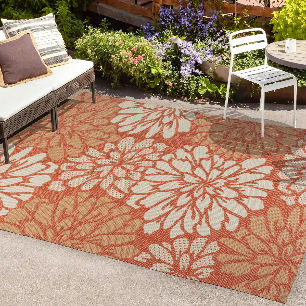 Rug - 4’x6’ Zinnia Modern Floral Textured Weave Orange/Cream Indoor/Outdoor Area Rug