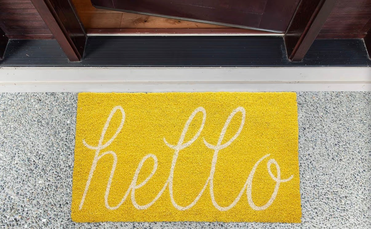 Rug - Hello Coir Fiber Doormat Non-Slip Durable Outdoor/Indoor, Pet Friendly, 17.5x29.5, Yellow
