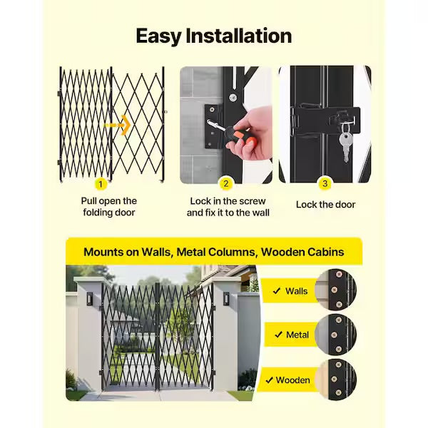 Gate - Double Folding Security Gate Lockable Scissor Gate with 360° Swivel Casters Retractable