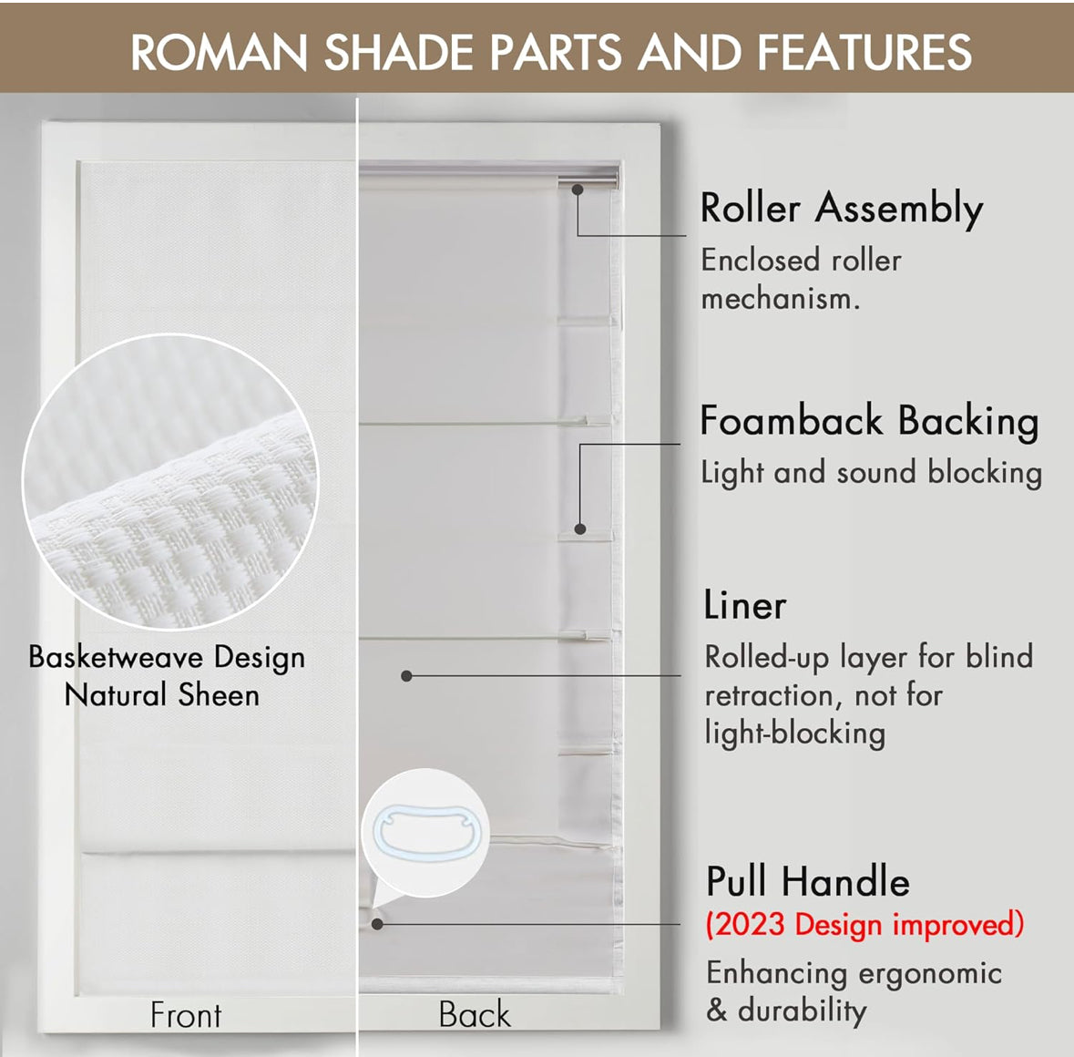 Blind - 23" W x 64" L Roman Shade Galen White Basketweave Cordless Room Darkening - WF9.25.25
