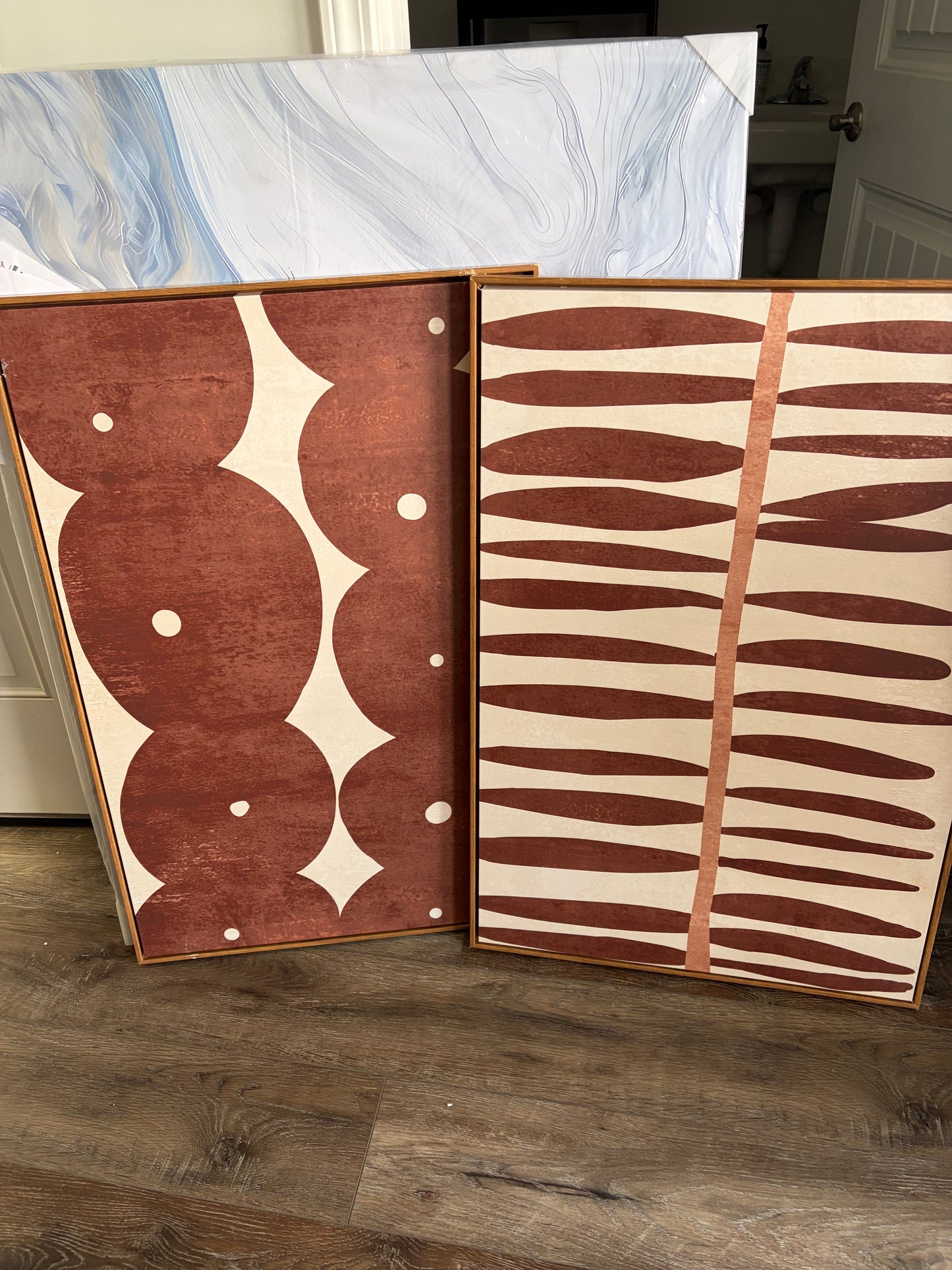 Framed Canvas - 2 Piece Set Linear Geometry Pastel Retro Abstract Shapes (some slight damage see all photos)