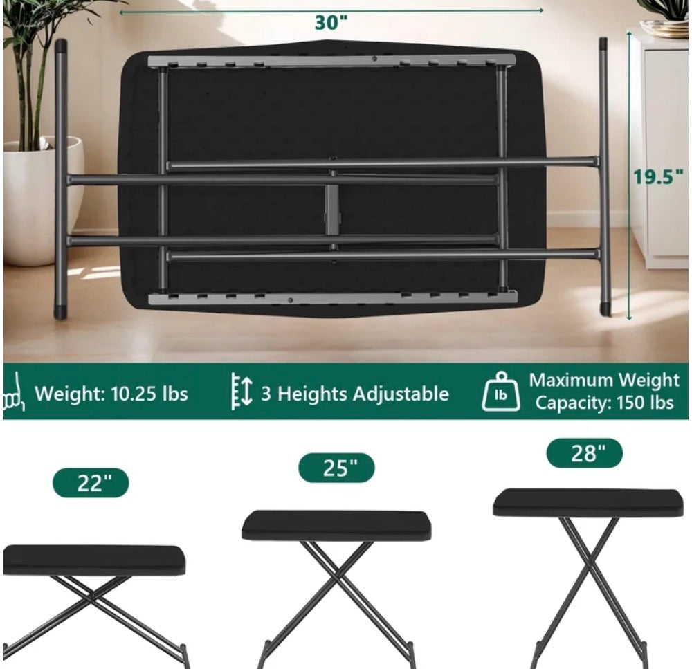 Folding Table - Small Camping Folding Table, 22/25/28 inch Height Adjustment Tv Tray, Practical Portable Plastic Table, Indoor/Outdoor, Black