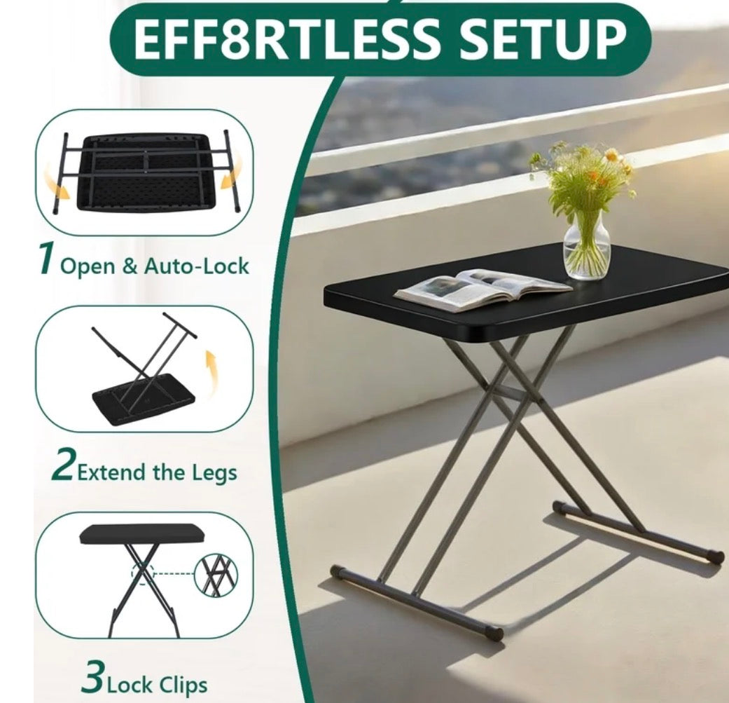 Folding Table - Small Camping Folding Table, 22/25/28 inch Height Adjustment Tv Tray, Practical Portable Plastic Table, Indoor/Outdoor, Black