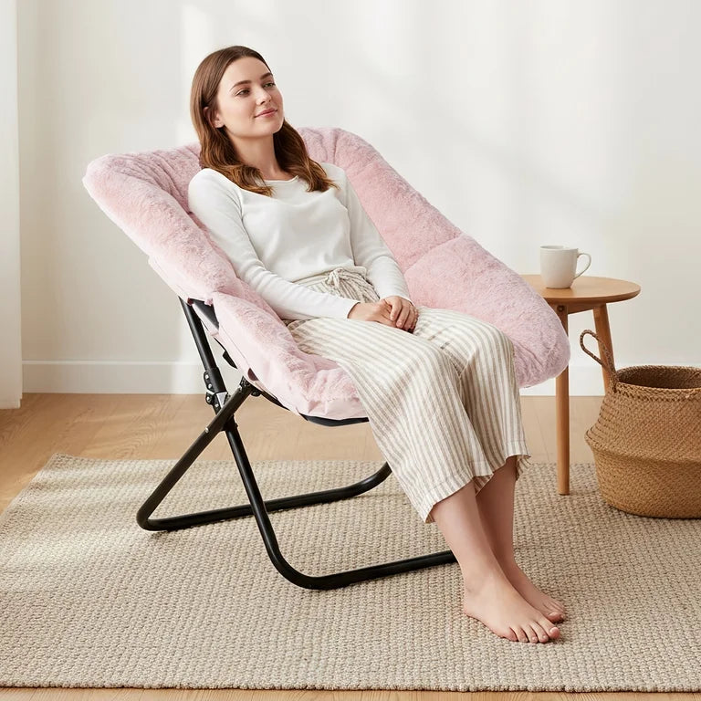 Chair - Folding Saucer Chair, Square X-Large Faux Fur Comfy for Lounge, Bedroom, Adults, Pink