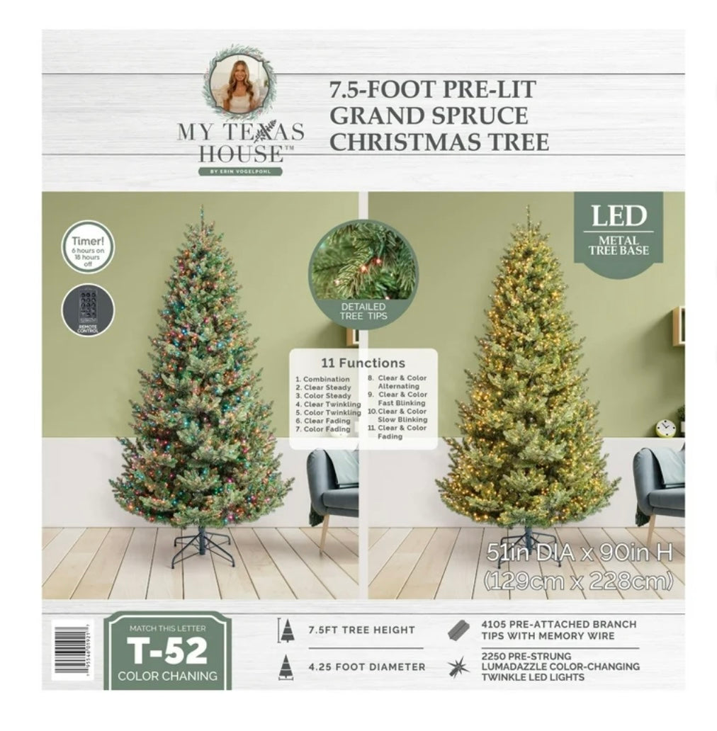 Christmas Tree - 7.5' Pre-Lit Grand Spruce Green Artificial Christmas Tree with 2250 LumaDazzle Color-Changing Twinkle LED Lights, by My Texas House - WM11.25.25