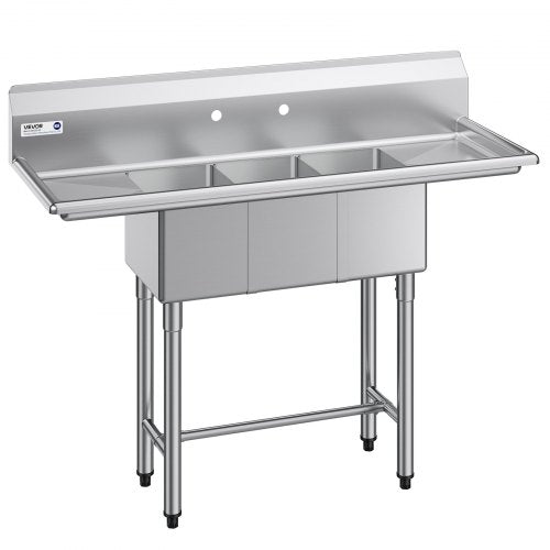 Sink - VEVOR 3 Compartment Sink, 18-Gauge 304 Stainless Steel, 10" x 14" x 10" Bowl Size, 3 Bay Commercial Kitchen Prep & Utility Sink with 2 Drainboards and Backsplash for Restaurant, Food Truck & Home Use