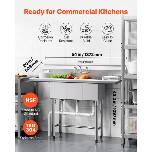Sink - VEVOR 3 Compartment Sink, 18-Gauge 304 Stainless Steel, 10" x 14" x 10" Bowl Size, 3 Bay Commercial Kitchen Prep & Utility Sink with 2 Drainboards and Backsplash for Restaurant, Food Truck & Home Use