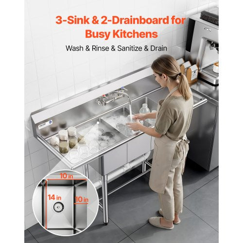 Sink - VEVOR 3 Compartment Sink, 18-Gauge 304 Stainless Steel, 10" x 14" x 10" Bowl Size, 3 Bay Commercial Kitchen Prep & Utility Sink with 2 Drainboards and Backsplash for Restaurant, Food Truck & Home Use