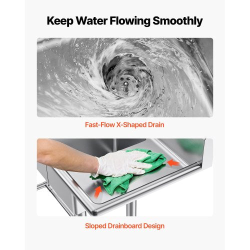 Sink - VEVOR 3 Compartment Sink, 18-Gauge 304 Stainless Steel, 10" x 14" x 10" Bowl Size, 3 Bay Commercial Kitchen Prep & Utility Sink with 2 Drainboards and Backsplash for Restaurant, Food Truck & Home Use