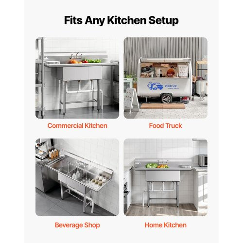 Sink - VEVOR 3 Compartment Sink, 18-Gauge 304 Stainless Steel, 10" x 14" x 10" Bowl Size, 3 Bay Commercial Kitchen Prep & Utility Sink with 2 Drainboards and Backsplash for Restaurant, Food Truck & Home Use