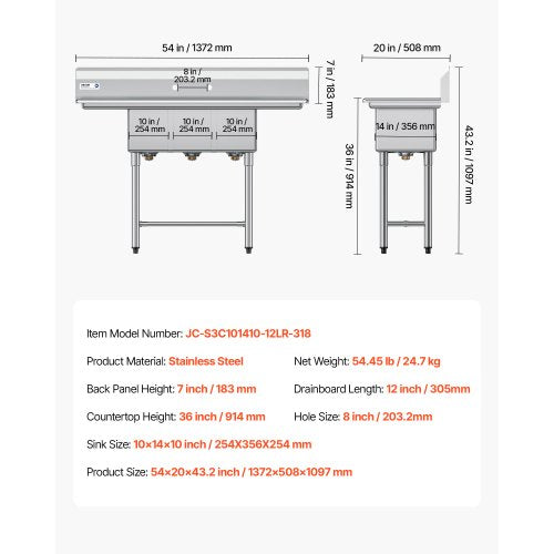 Sink - VEVOR 3 Compartment Sink, 18-Gauge 304 Stainless Steel, 10" x 14" x 10" Bowl Size, 3 Bay Commercial Kitchen Prep & Utility Sink with 2 Drainboards and Backsplash for Restaurant, Food Truck & Home Use