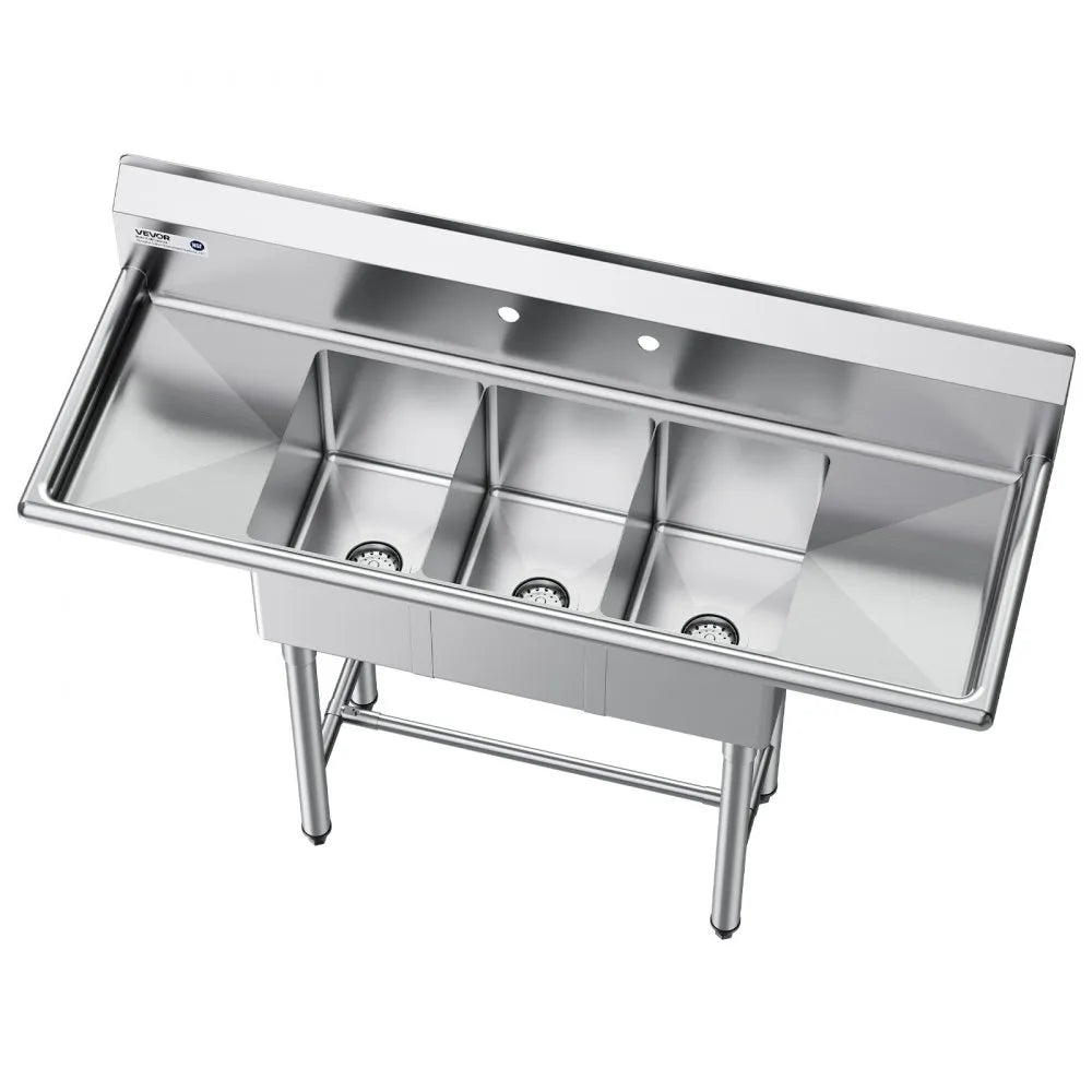 Sink - VEVOR 3 Compartment Sink, 18-Gauge 304 Stainless Steel, 10" x 14" x 10" Bowl Size, 3 Bay Commercial Kitchen Prep & Utility Sink with 2 Drainboards and Backsplash for Restaurant, Food Truck & Home Use