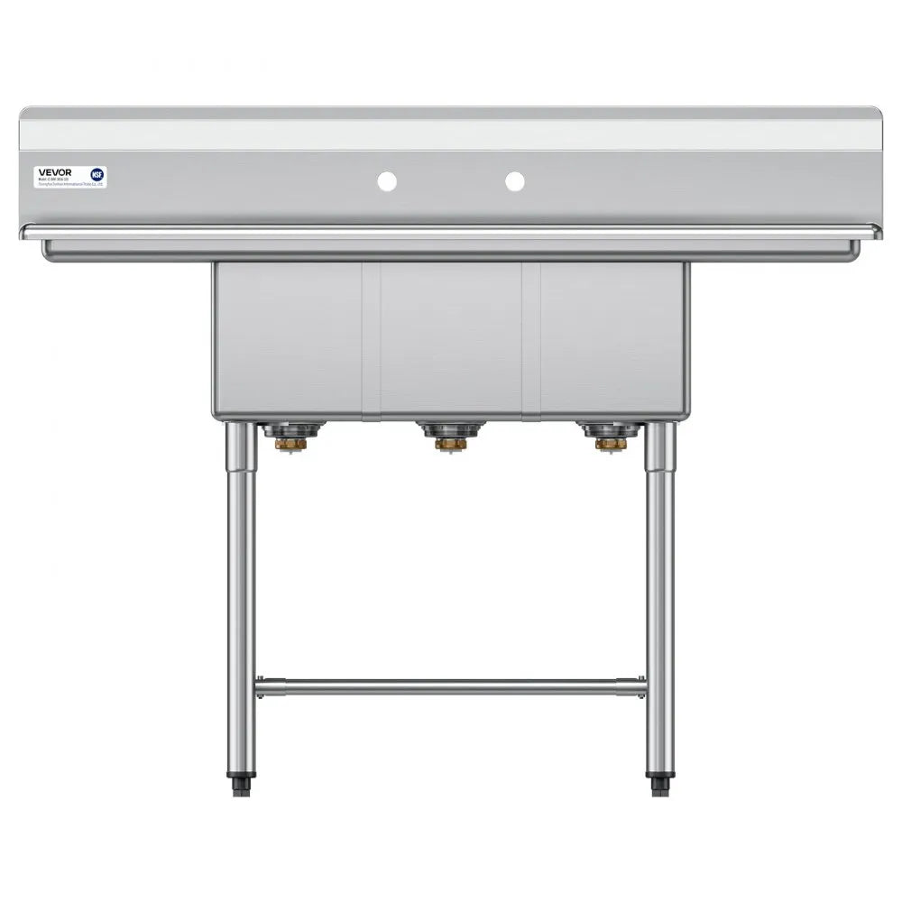 Sink - VEVOR 3 Compartment Sink, 18-Gauge 304 Stainless Steel, 10" x 14" x 10" Bowl Size, 3 Bay Commercial Kitchen Prep & Utility Sink with 2 Drainboards and Backsplash for Restaurant, Food Truck & Home Use